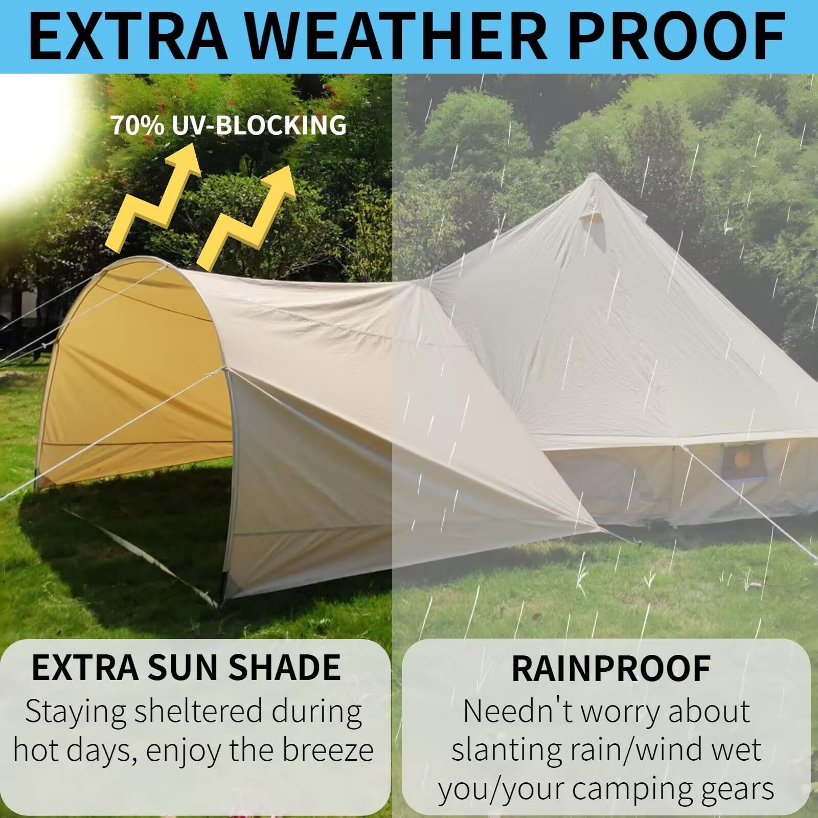 DANCHEL OUTDOOR Waterproof Camping Tent Arch Tarp Sun Shade Canopy, Portable Rain Fly for Canvas Bell Tents, Hammock Porch Cover with Poles Glamping Accessories, Khaki