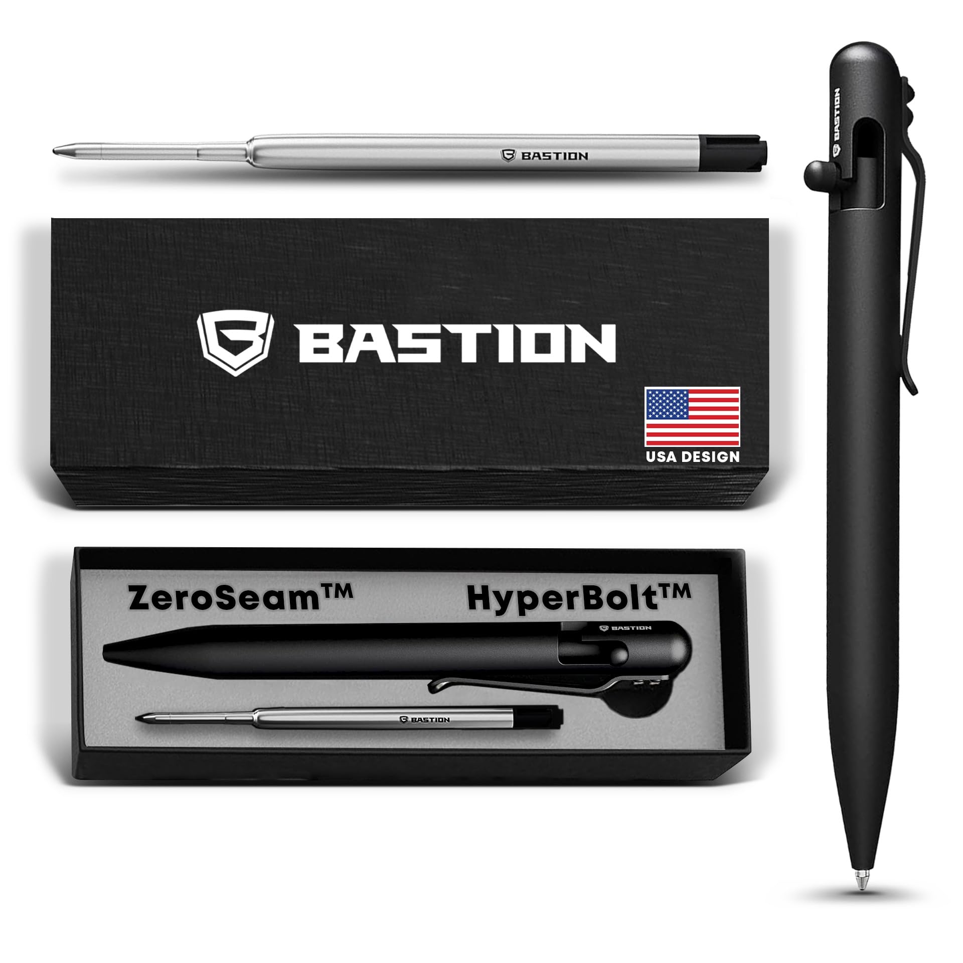 BASTION Black Titanium Bolt Action Pen with Gift Case - Luxury Executive Lightweight Retractable Metal Pen - Ink Refillable Novelty Pocket EDC Writing Ballpoint Pens for Men & Women