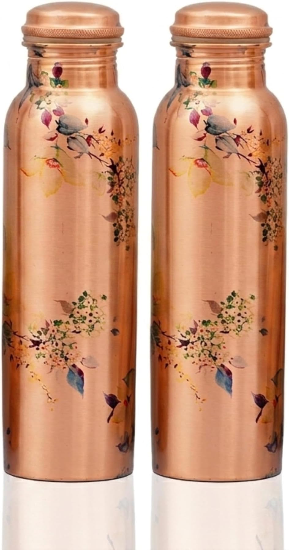Craft Trade Pack of 2 Floral Printed Copper Water Bottle Pure Copper Bottle with Lid Leak Proof BPA Free Drinking Bottle for Sport Fitness and Yoga - 1 Litre