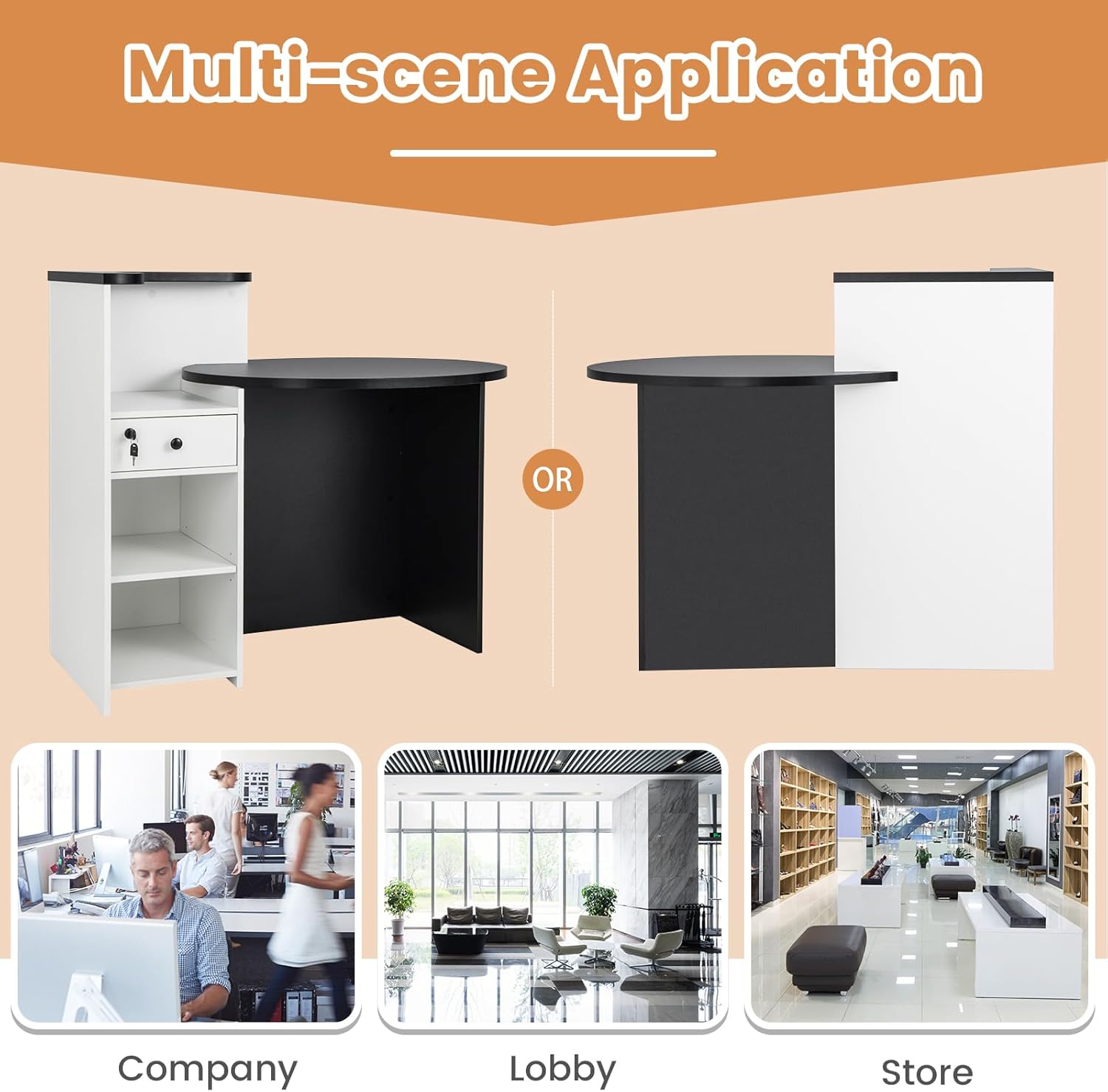 Features of the desk including thickened boards, non-slip foot pads, and waterproof surface