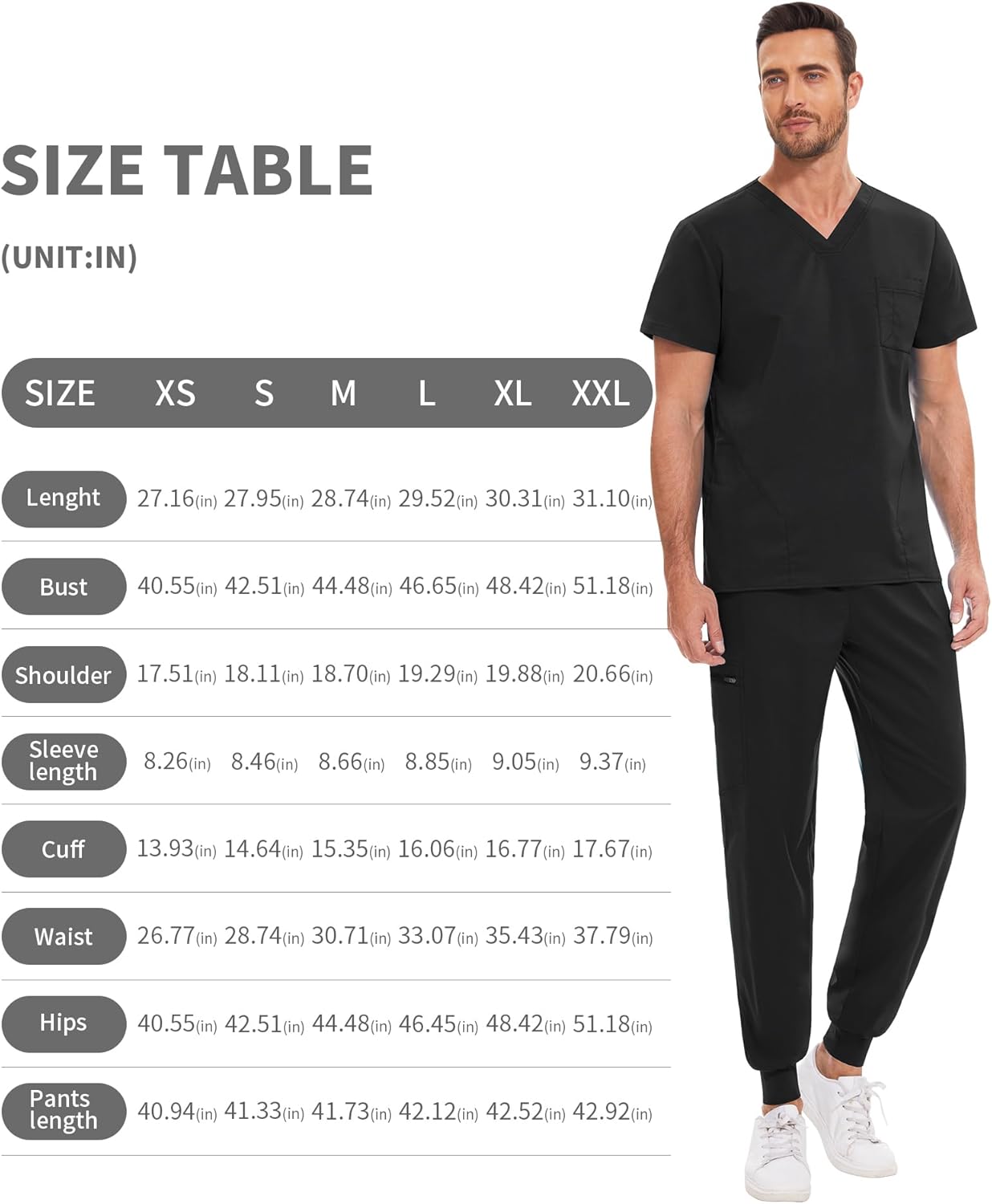 niaahinn Men Scrub Set-Stretch V-Neck Scrub Top & Jogger Pant with 9 Pockets, Yoga Waistband, Anti-Wrinkle Scrubs for Men - Image 7