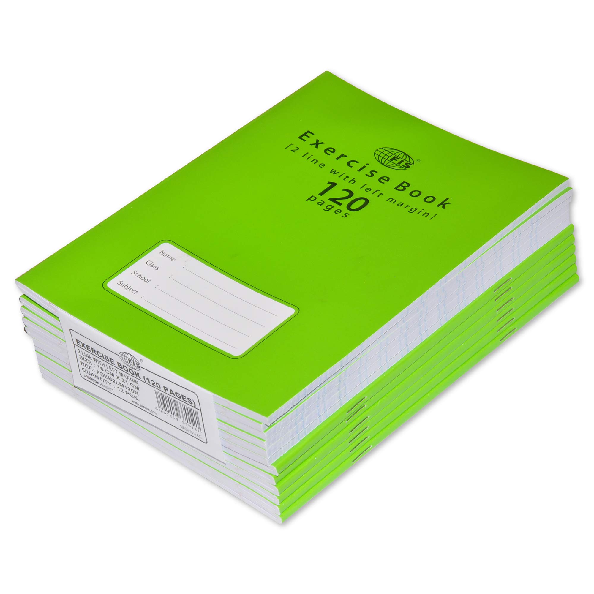 FISExercise Book, Size 165x210mm, 60 Sheets, 120 Pages, 2 Line with Left Margin, Packet of 12 Pieces, Neon Green Cover with Mathematical Info-FSEB2LM120N