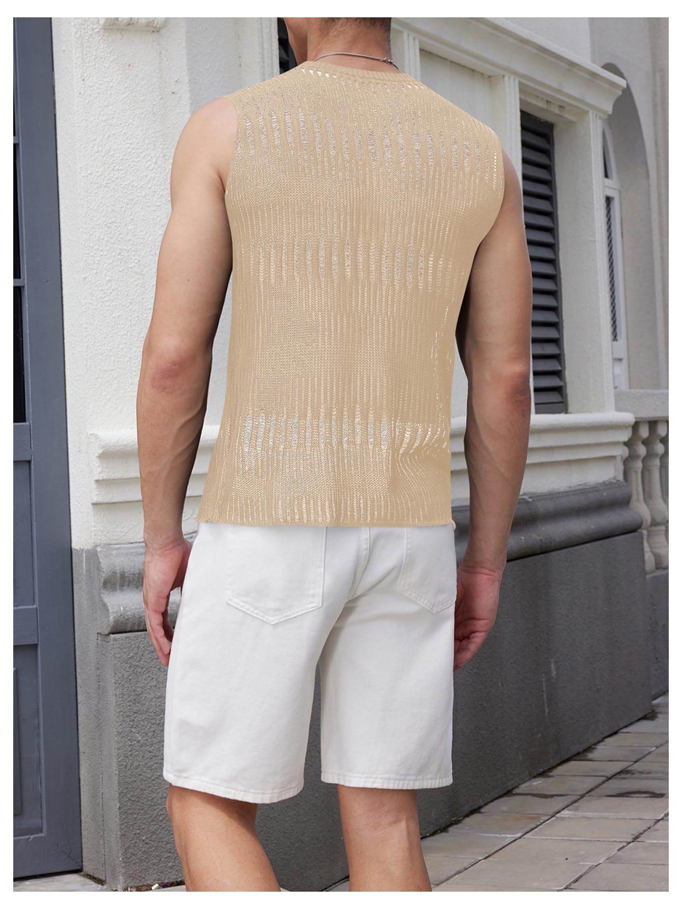 Verdusa Men's Knitted Tank Top Sleeveless Round Neck Pullover Shirt Undershirt Beige Small