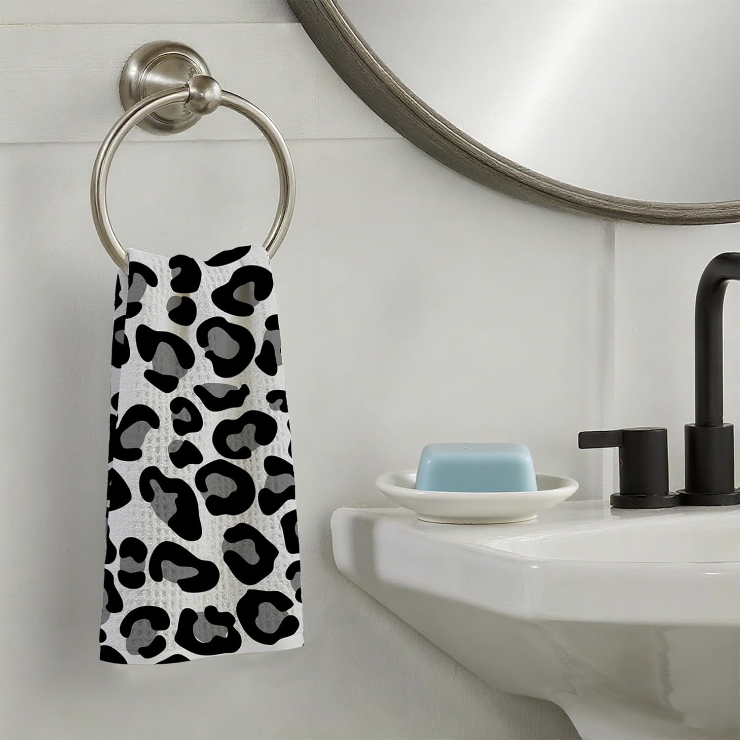 Black Leopard Animal Skin Hand Towels for Bathroom Set of 2,Absorbent Waffle Weave Kitchen Towels,Decorative Modern Bathroom Towel for Bath,Guest,Shower 16 X 24 Inch - Image 6