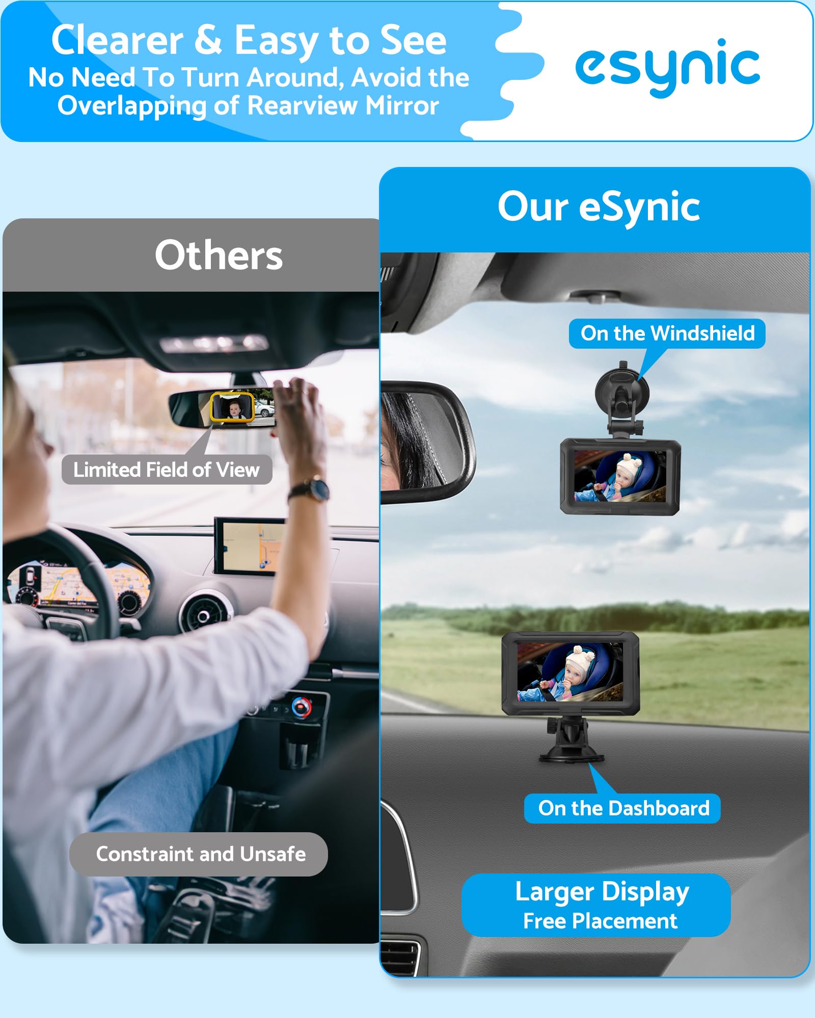 eSynic 1080P USB 4.3" lusterko samochodowe dla niemowląt obracane o 360° 8 LED noktowizor na podczerwień, lusterko wsteczne do samochodu dla bezpieczeństwa dzieci, samochód z przyssawką z kamerą na