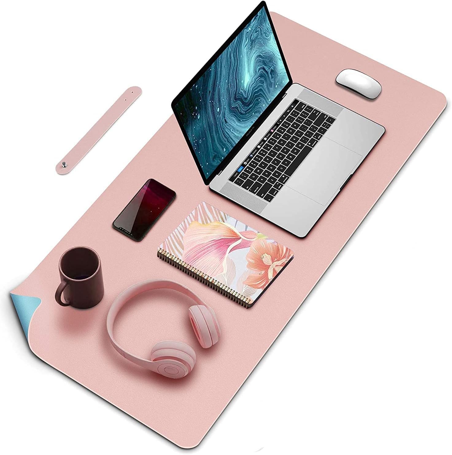 AMERTEER Leather Desk Matt For Desktop - Leather Computer Mouse Pad, Desk Pad Mat, Non-Slip Waterproof Dual-Side Use Large Desk Mat Protector, Keyboard Mat For Office And Home, 80 x 40cm (Pink/Blue)