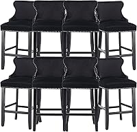 Vista 16 de Rhomtree Taburetes de bar tapizados de terciopelo modernos de 27 pulgadas con patas de madera, botón acolchonado, cabeza de clavo cromada, taburetes