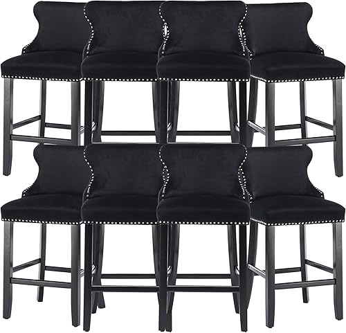 Miniatura 16 de Rhomtree Taburetes de bar tapizados de terciopelo modernos de 27 pulgadas con patas de madera, botón acolchonado, cabeza de clavo cromada, taburetes