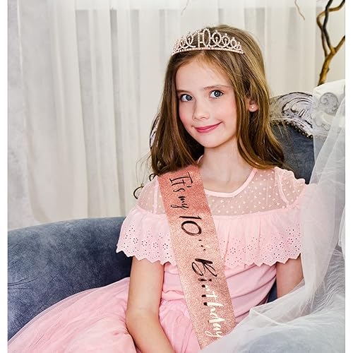 Miniatura 2 de CIEHER Juego de corona, banda + perla, 10 cumpleaños, decoraciones y regalos para fiestas de cumpleaños de niñas de 10 años