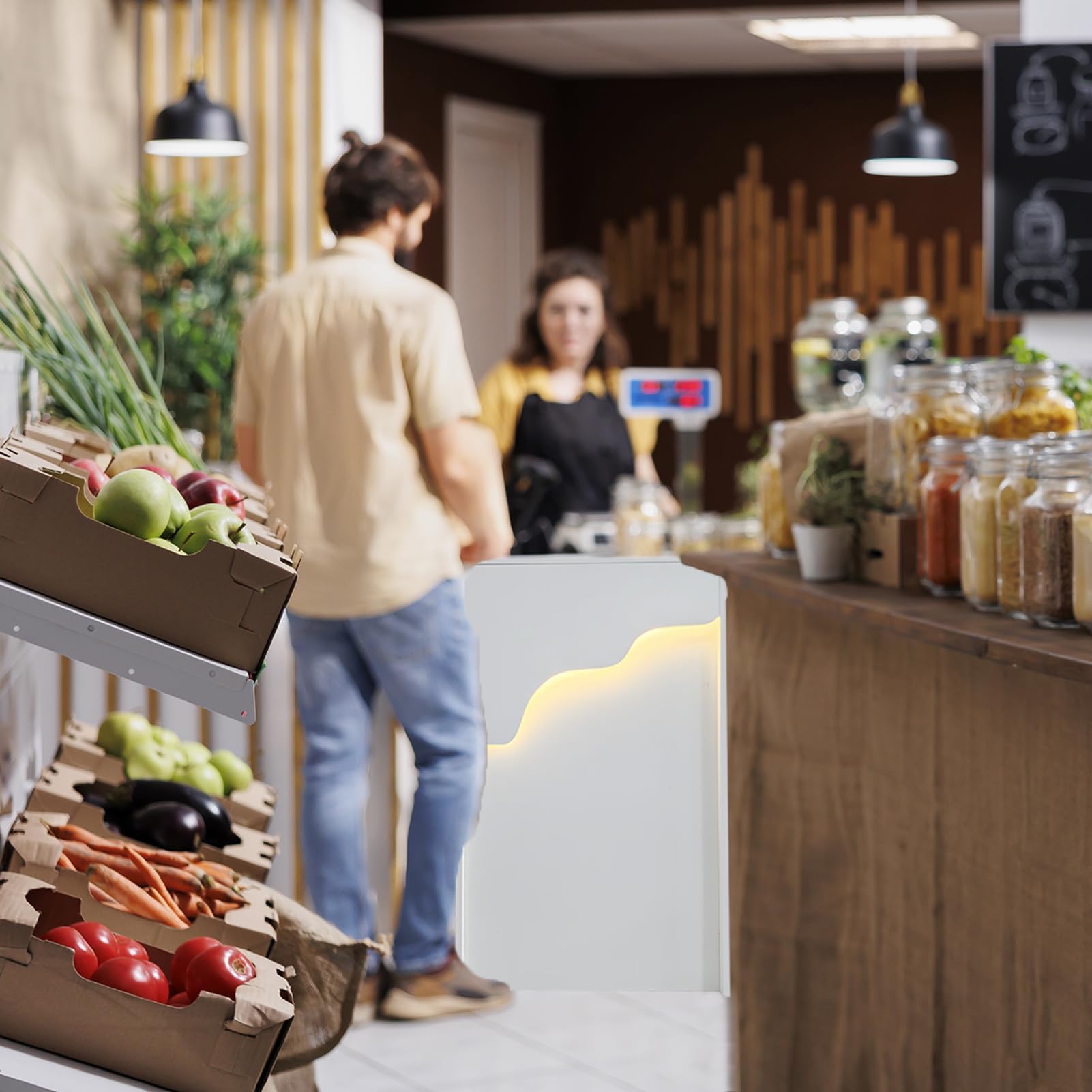 Petit comptoir de réception avec lumière LED, comptoir Moderne avec tiroir verrouillable, de Caisse Blanc pour Magasin de vêtements, Hall, Salon de beauté (Blanc, 60 x 40 x 96 cm)