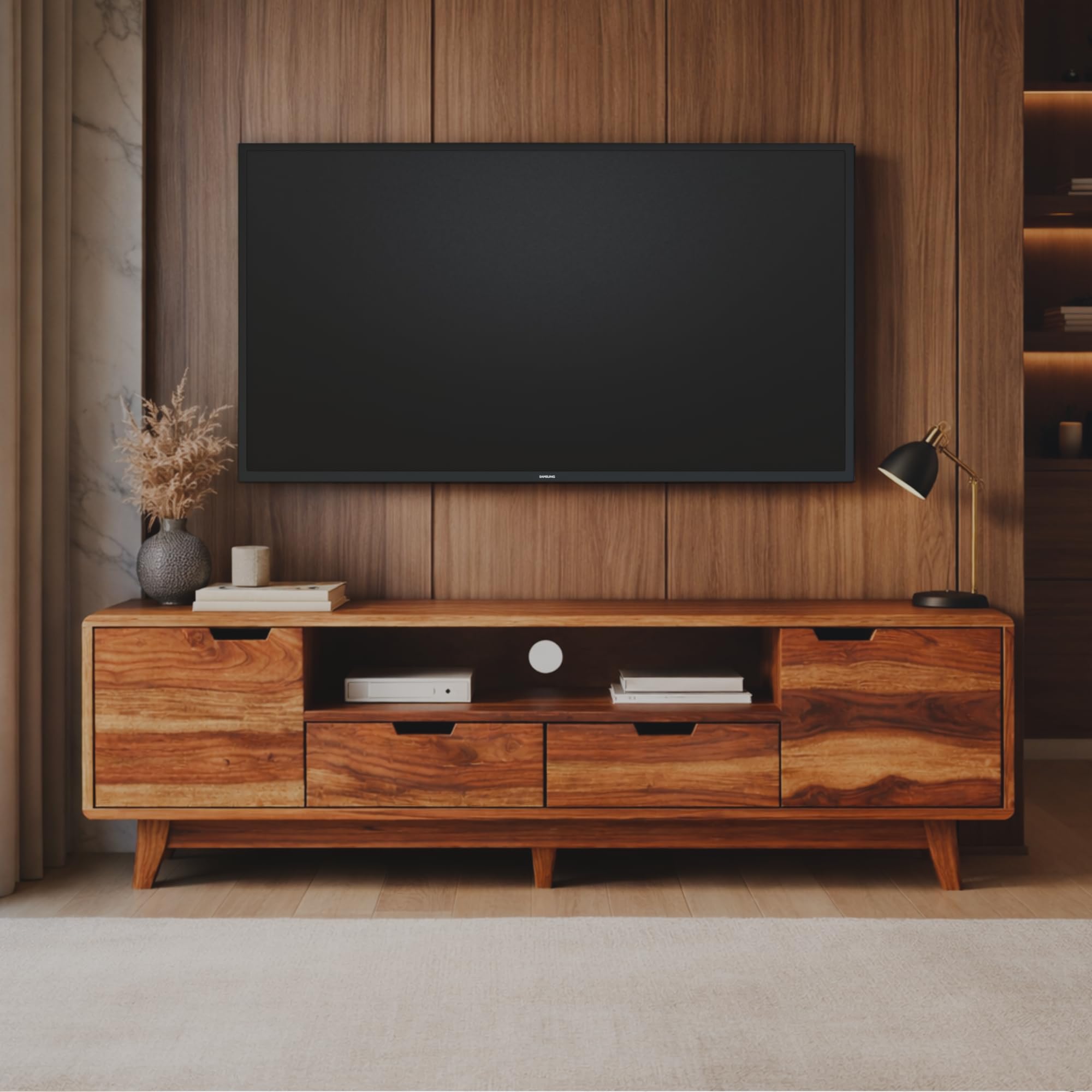 DRIFTINGWOOD Regal Solid Sheesham Wood Modern TV Console for Upto 65 Inch TV, Entertainment Center with 5 Storage Compartments, Neutral Finish
