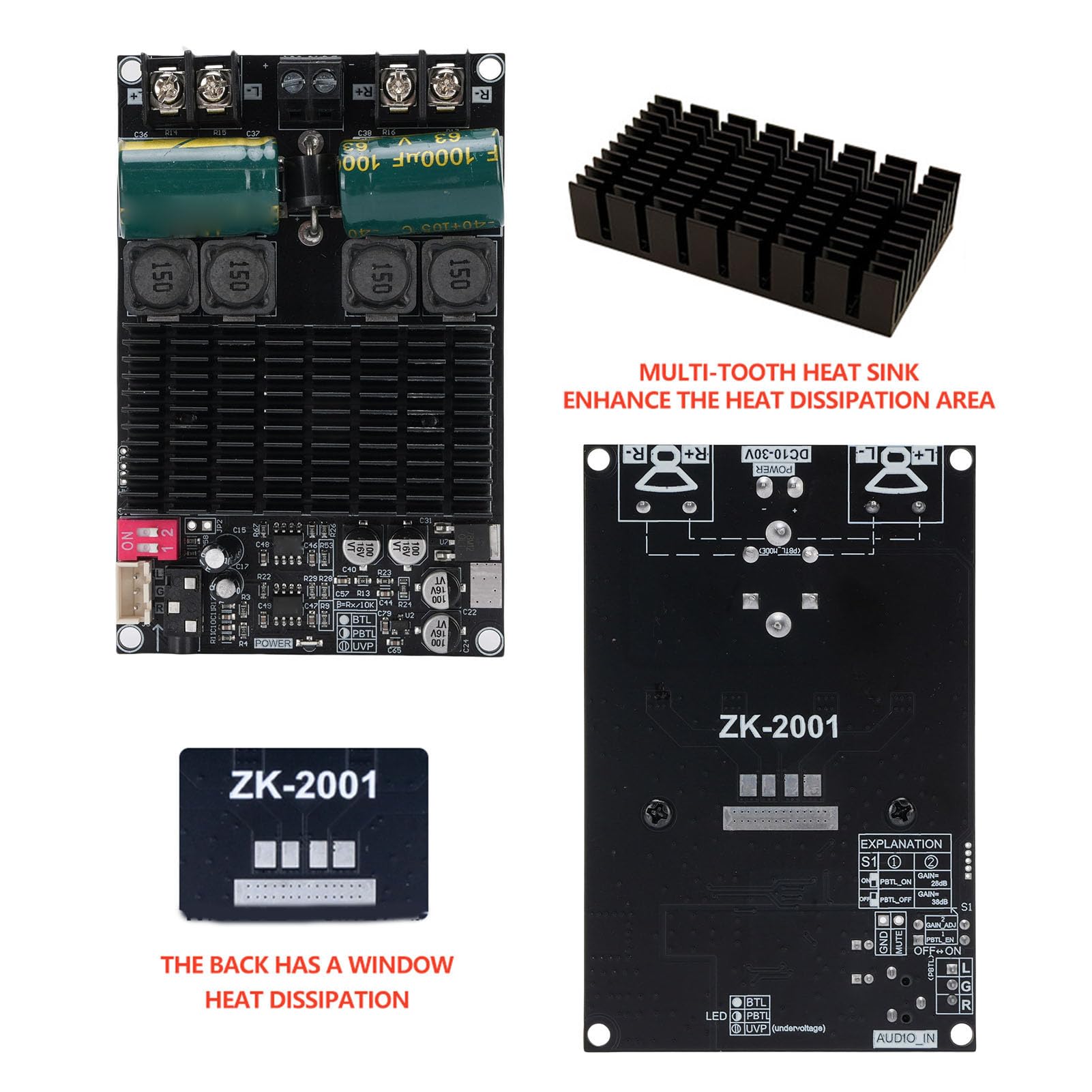 Sxhlseller TPA3221 Post Stage-Verstärkerplatine, 2 x 100 W oder 200 W PBTL Subwoofer-Modul mit Verdicktem Kühlkörper, Mehreren Sicherheitsschutzmechanismen