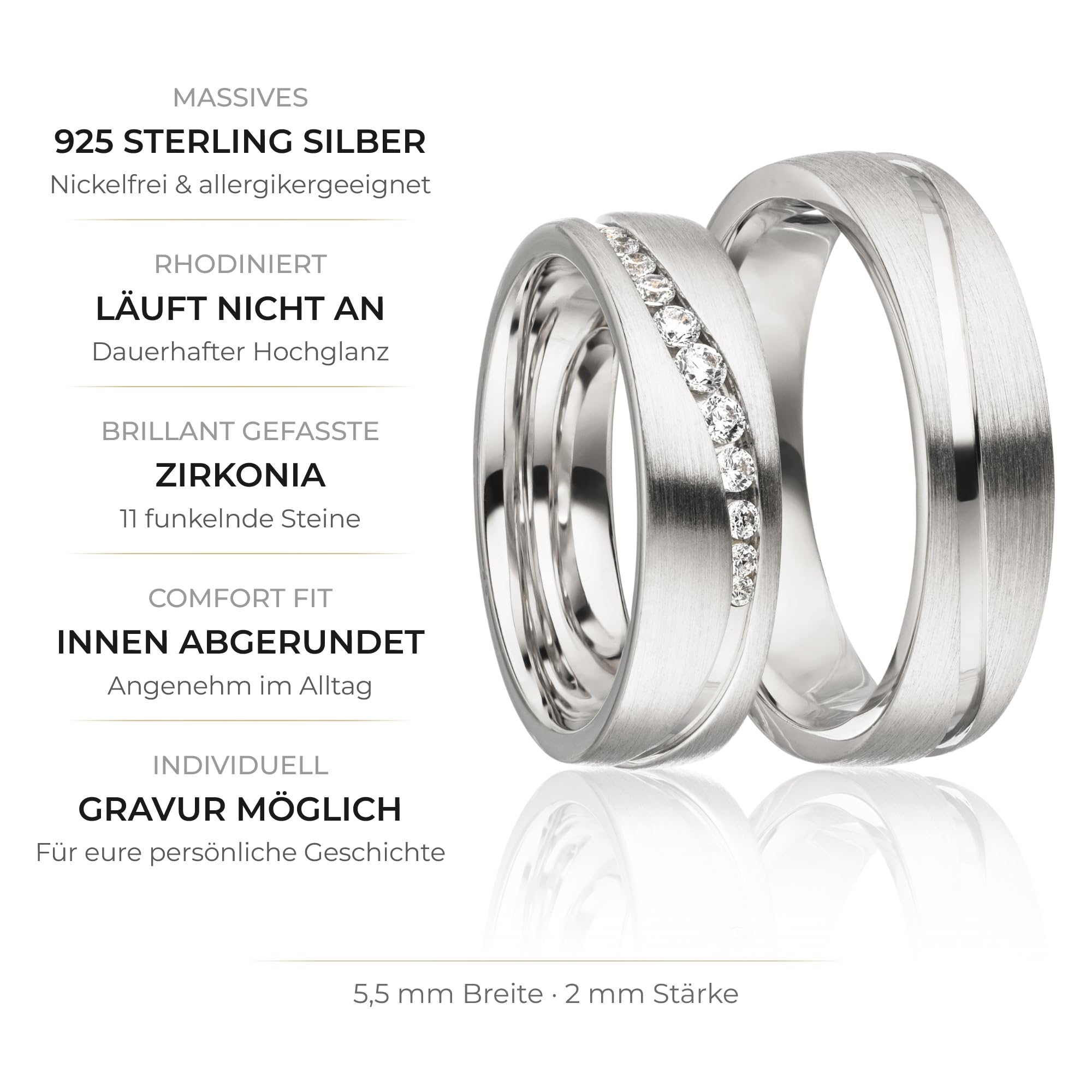 Kolibri Rings Eheringe Paarpreis | Wellenfuge 925 Silber Rhodiniert Kanalfassung | Partnerringe 5,5 mm + 11 Zirkonia Längsmatt | Trauringe Made in Germany | Gratis Gravur + Etui