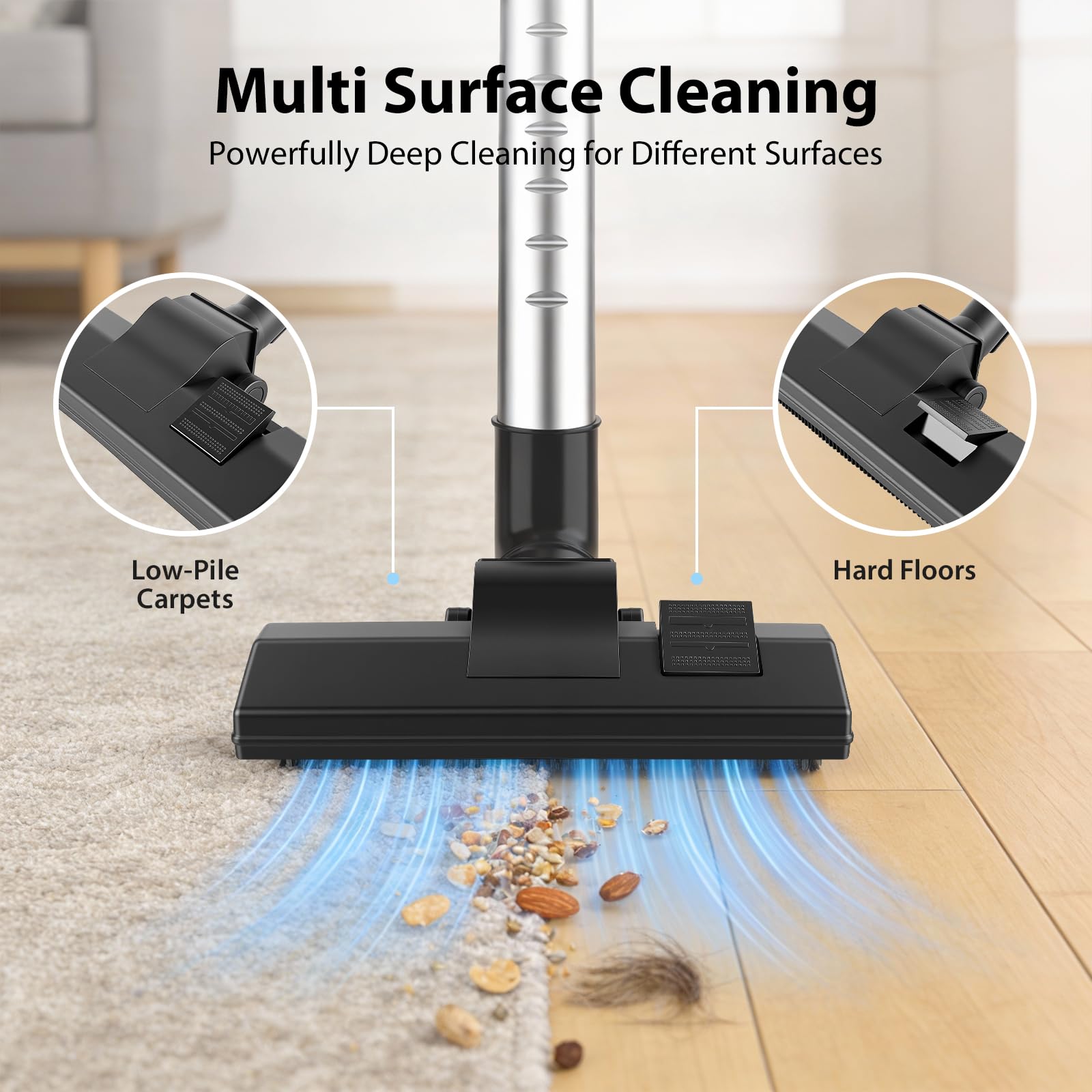 DayPlus Aspiradora sin bolsa de 1200 W, boquilla para suelo de parqué, alfombra, azulejos, filtro higiénico, cable largo de 4 m, silencioso, compacto y ligero