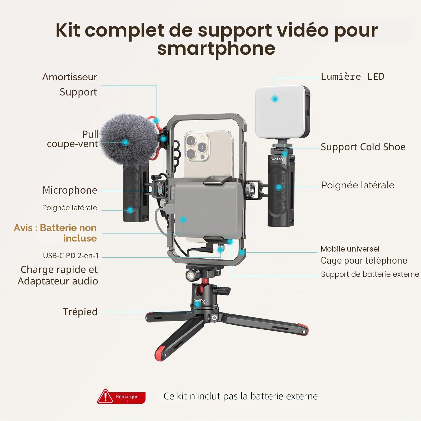 SMALLRIG Kit de Montage Vidéo avec Poignée Smartphone Video Rig avec Lumière Vidéo, Microphone et Trépied en Alliage d'Aluminium pour Tiktok et Youtube Vlog, pour Mobile Video Maker - 3384D