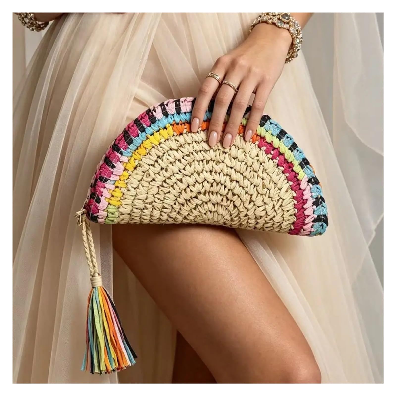 Strohhüfttasche Sommerliche bunte handgemachte Stroh-Clutch-Tasche, Quasten-Dekor-Umschlagtasche, vielseitig einsetzbar
