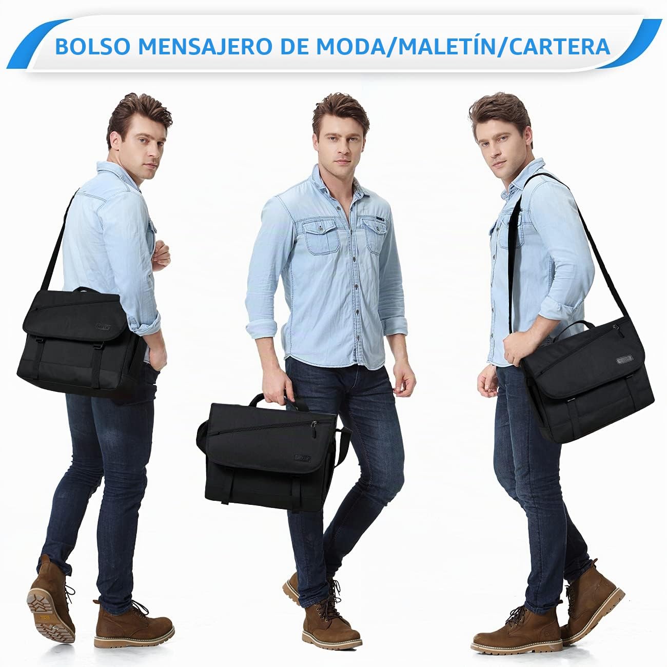 VASCHY Bolso Hombre Bandolera Grande, Bolso Mensajero Hombre Ligero Bolsa Portatil 15,6 Pulgadas Resistente al Agua con Compartimiento Laptop para Trabajo Negocio Viaje, Negro-15,6