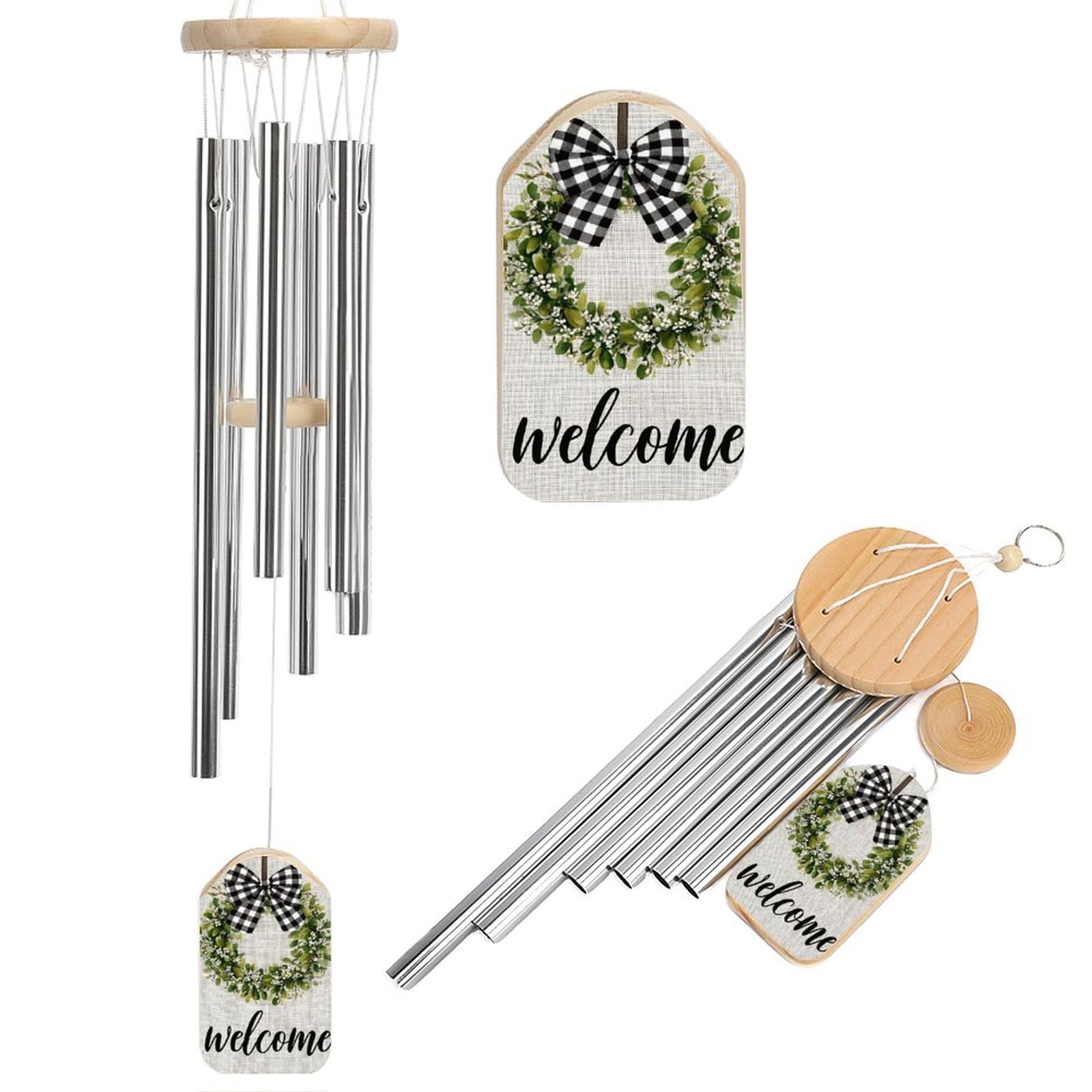 Black White Checkerboard Bow Green Leaves Wreath Wind Chimes Memorial Deep Tone Windchime with 6 Aluminum Tubes Outdoor Backyard Garden Decoration
