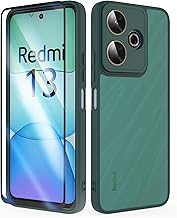 SMYTU Cover per Xiaomi Redmi 13 4G 6,79 Pollici con Vetro Temperato,Custodia Opaca Hard PC Glassata Traslucida Retro Resistente ai Graffi Silicone Antiurto Protettiva Case - Verde scuro