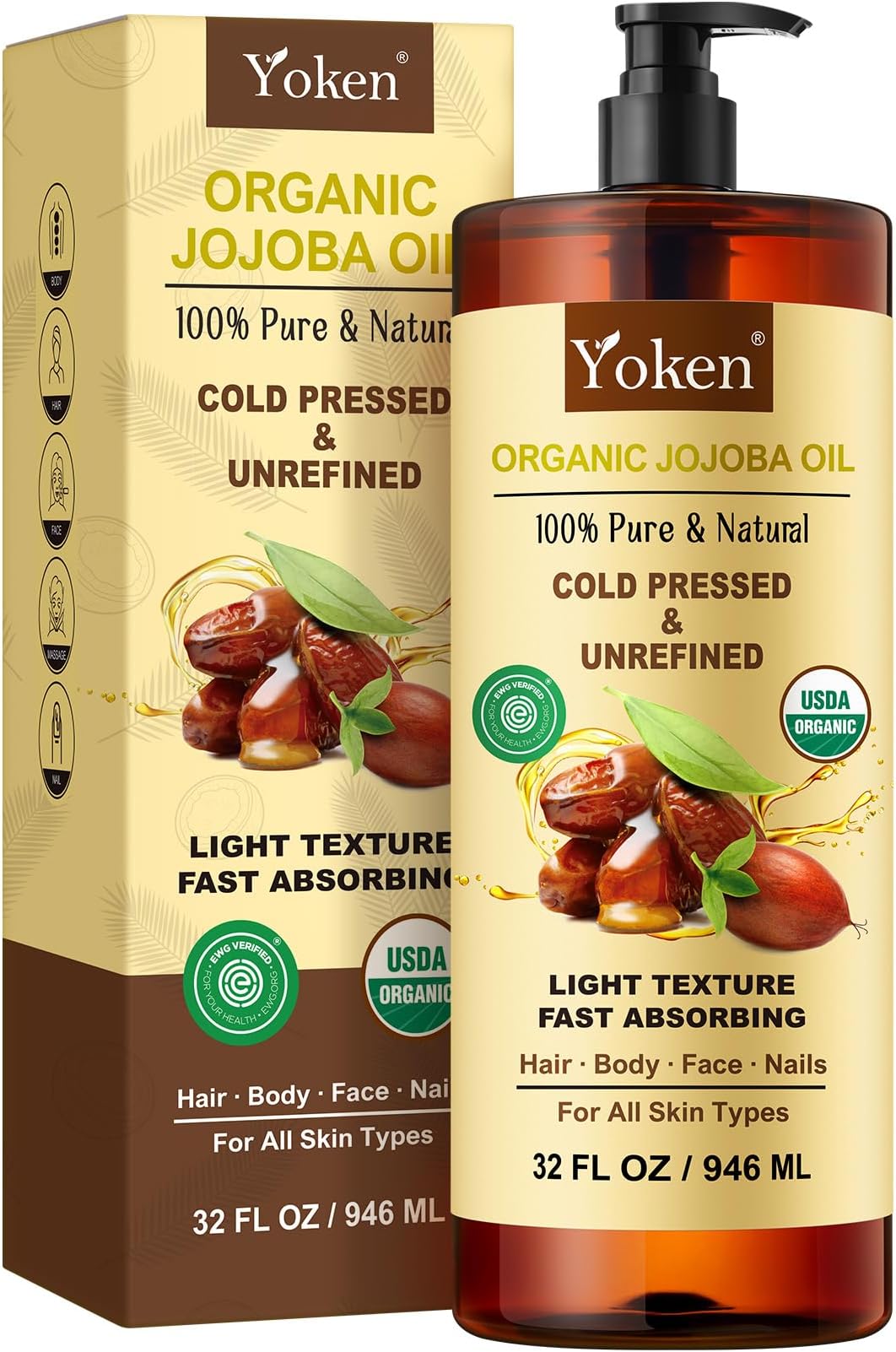 Yoken 32 fl oz (EWG Verified) 100% Pure Jojoba Carrier Oil - Unrefined, Hexane-Free, Cold Pressed for Skin, Face, Hair, Nails, and Massage