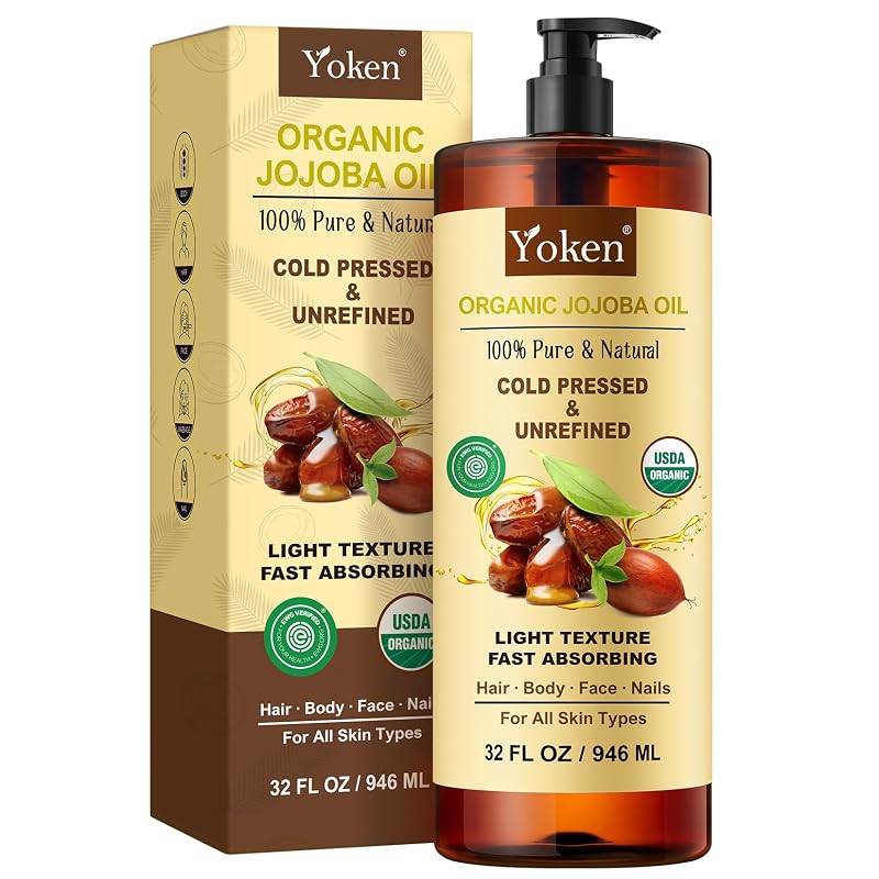 Yoken Óleo de Jojoba não refinado, prensado a frio, com bomba, 946 mL