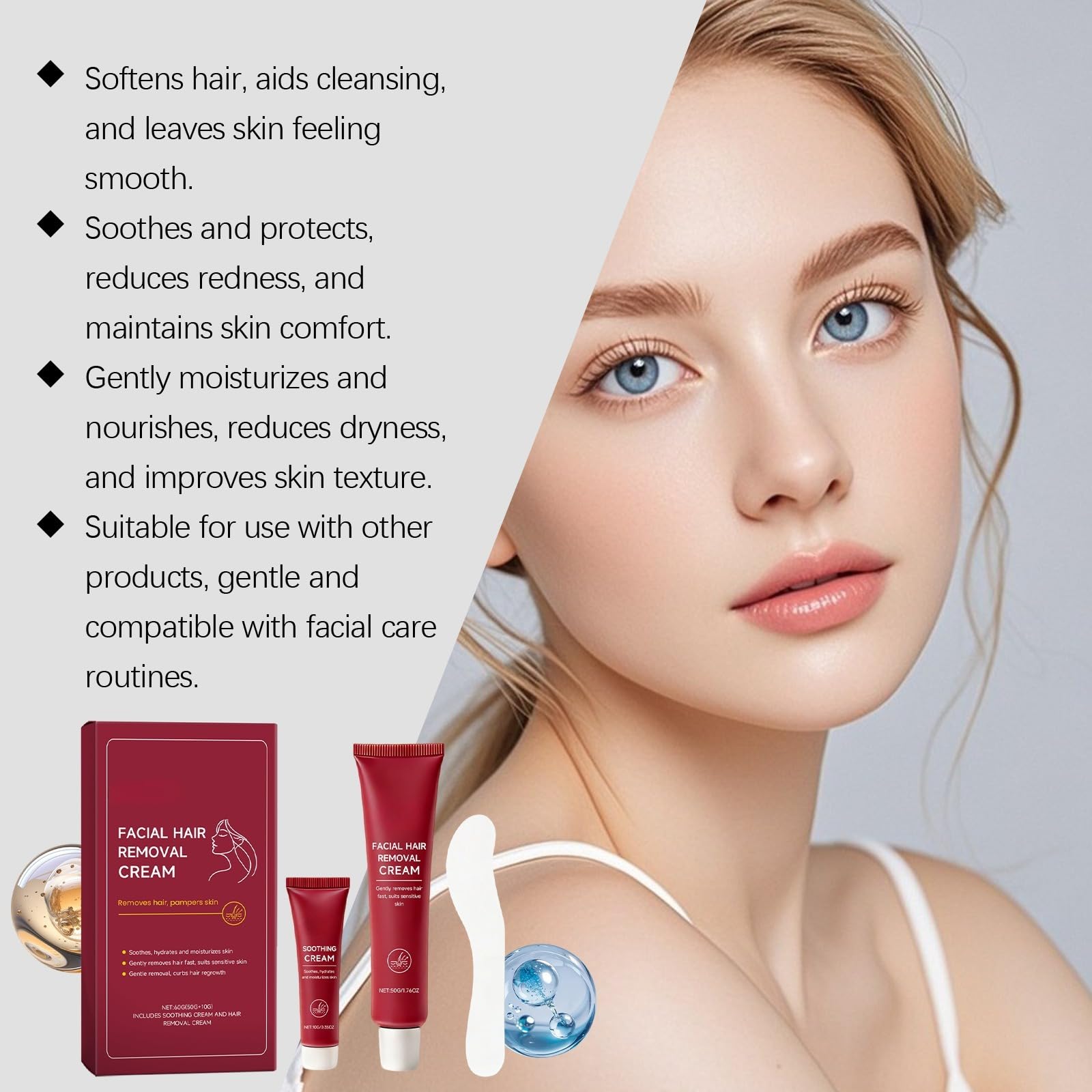 Damski krem do usuwania włosów z kojącym serum, łagodząca, delikatna formuła odpowiednia na podbródek, górną wargę i ulubione (6 szt.)