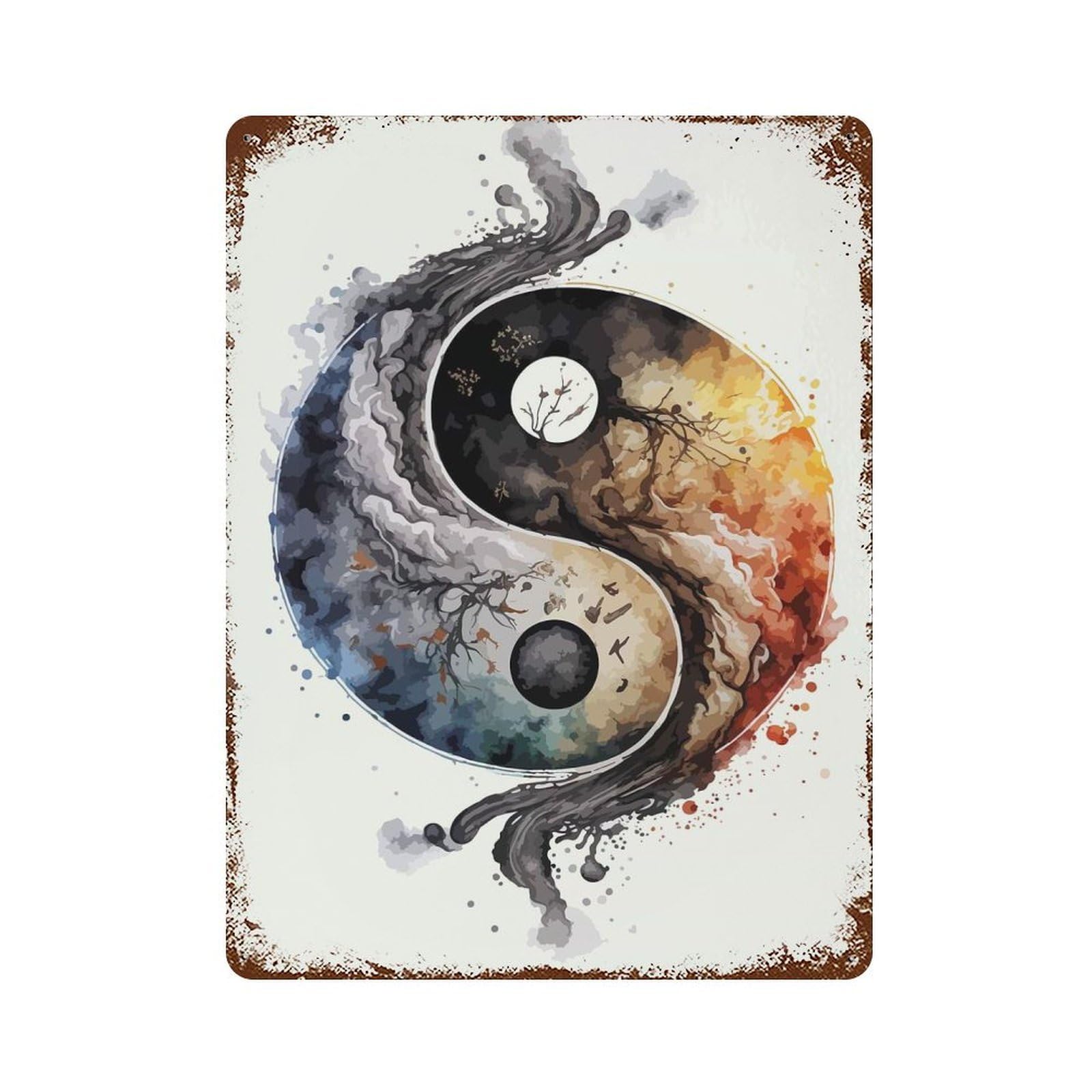 Garage Style Yin And Yang Watercolor Aged Metal Wall Plaque 15.7"x11.8", Farmhouse Wall Decor for Bar And Workshop