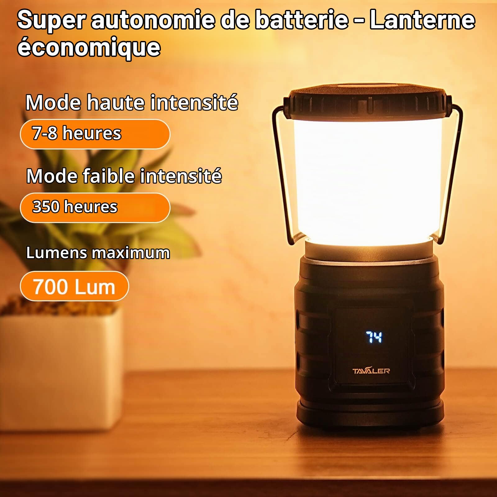 Tavaler Lanterne de camping 8000 mAh Batterie USB C Rechargeable Lampe de camping avec indicateur de batterie LED Écran Lumière de camping IP65 Étanche Lampe de camping pour randonnée extérieur