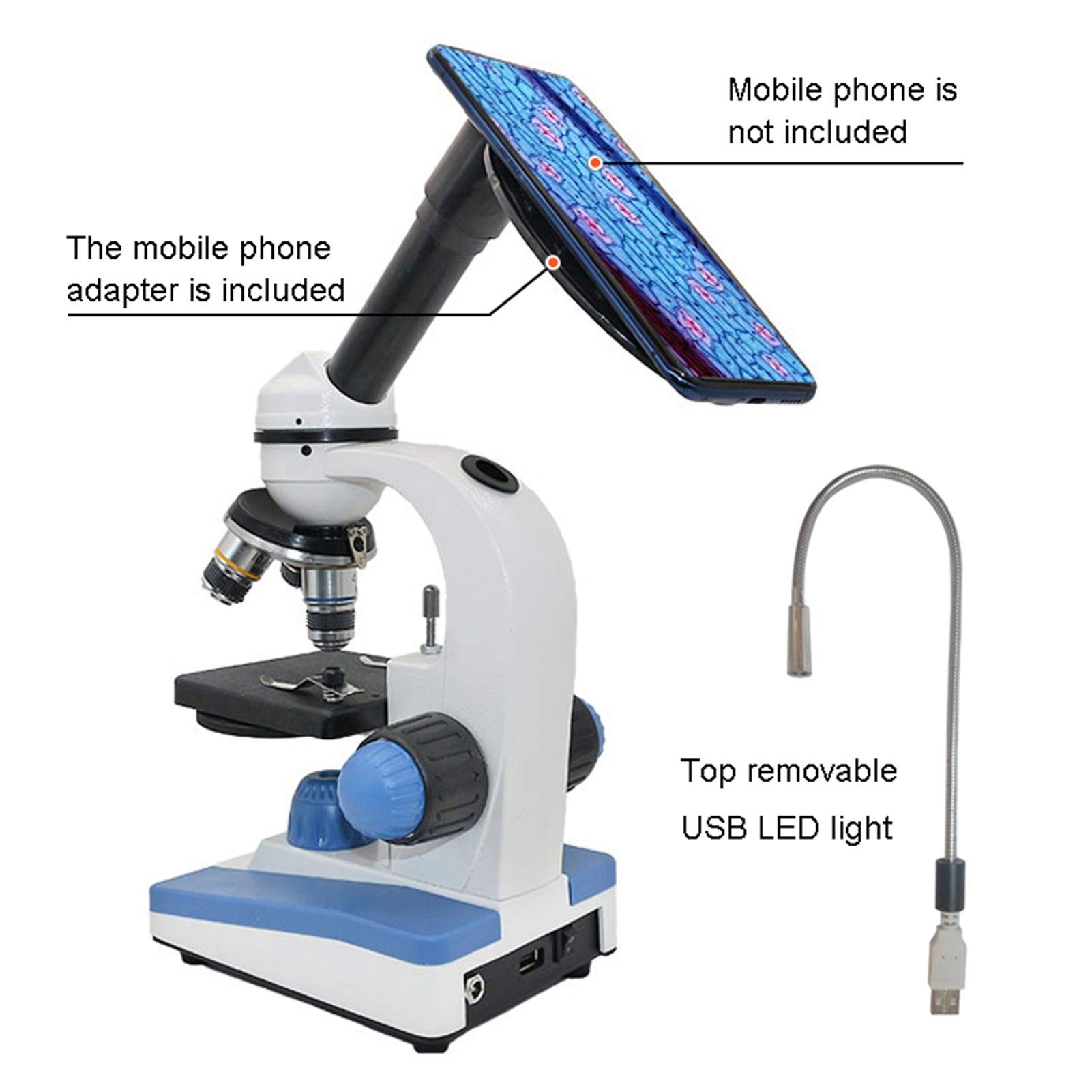 Mikroskop cyfrowy, Mikroskop biologiczny, Mikroskop monokularny 2000X 360 Rotatowalna głowica LED USB i regulowany dolny podświetlony