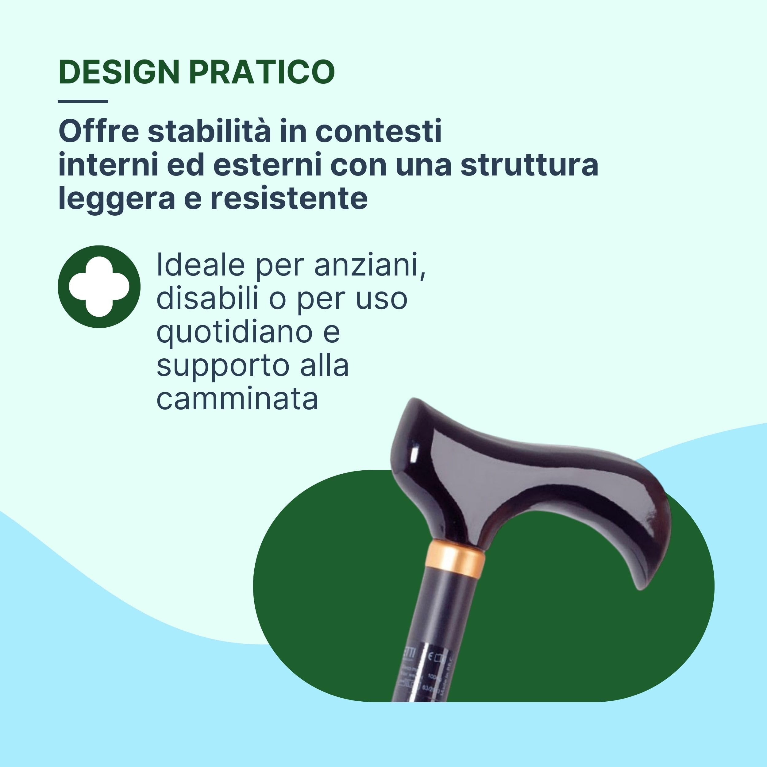 Bastone per Anziani in Alluminio Anodizzato con Impugnatura Anatomica in Legno, Bastone da Passeggio Regolabile H. 79-102 cm - Nero