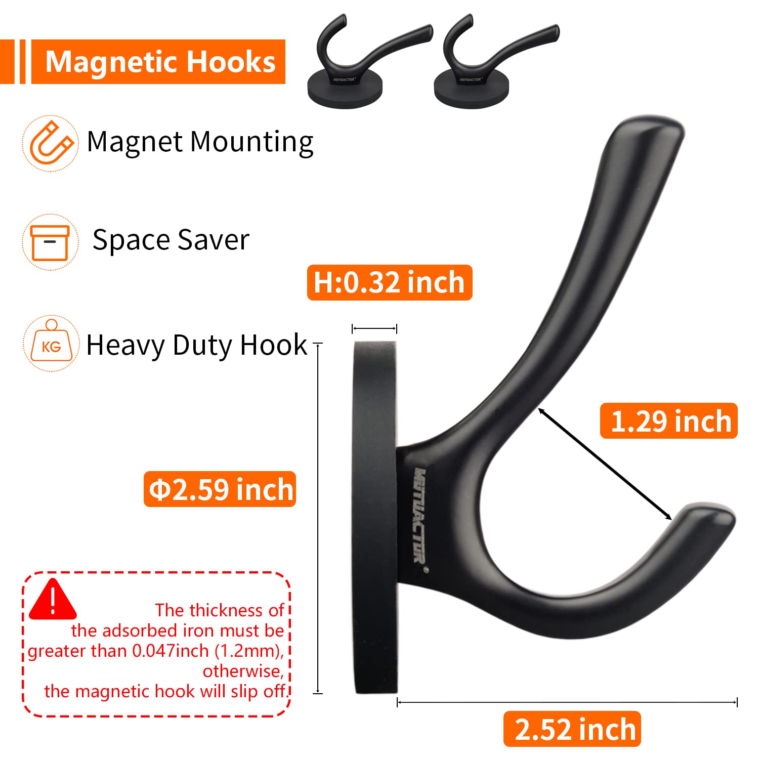MUTUACTOR Ganchos dobles magnéticos fuertes, paquete de 4 unidades, resistentes con revestimiento de goma, ganchos grandes y resistentes para abrigo, bata, toalla, llaves, sombrero, color negro