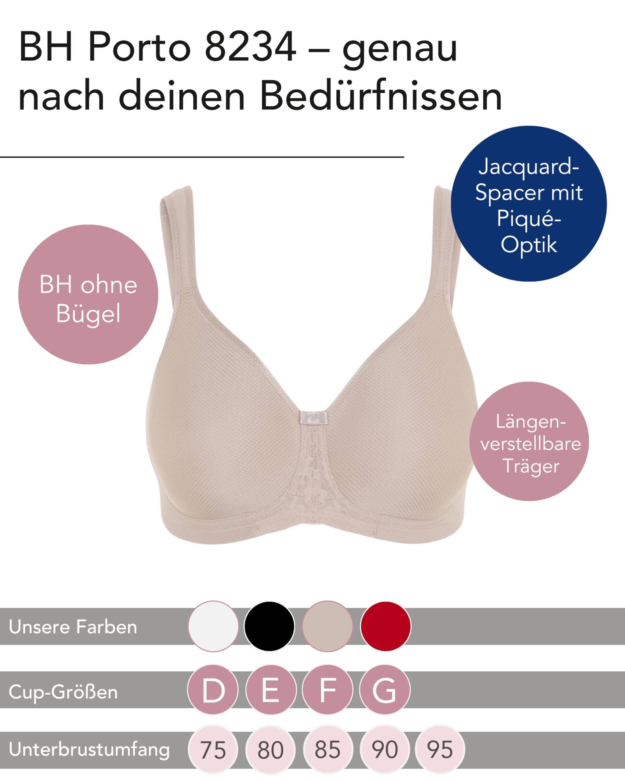 Susa Damen BH Damen Ohne Bügel Porto I Damen-BHS mit Vorgeformten Spacer Cups aus luftdurchlässigem Jacquard Material I Verstellbarer Komforträger, optimale Passform
