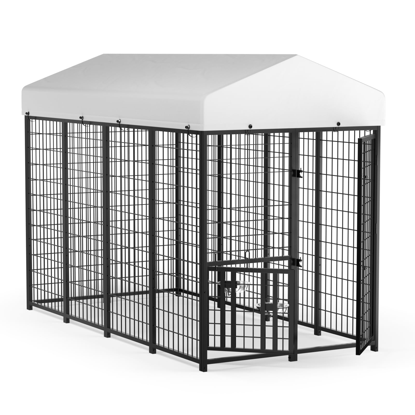 LOVMOR Outdoor Dog Kennel with Roof, Heavy Duty Steel Dog Run Enclosure for Medium Dogs, Waterproof Canopy, Double Latch Door, Adjustable Feeding