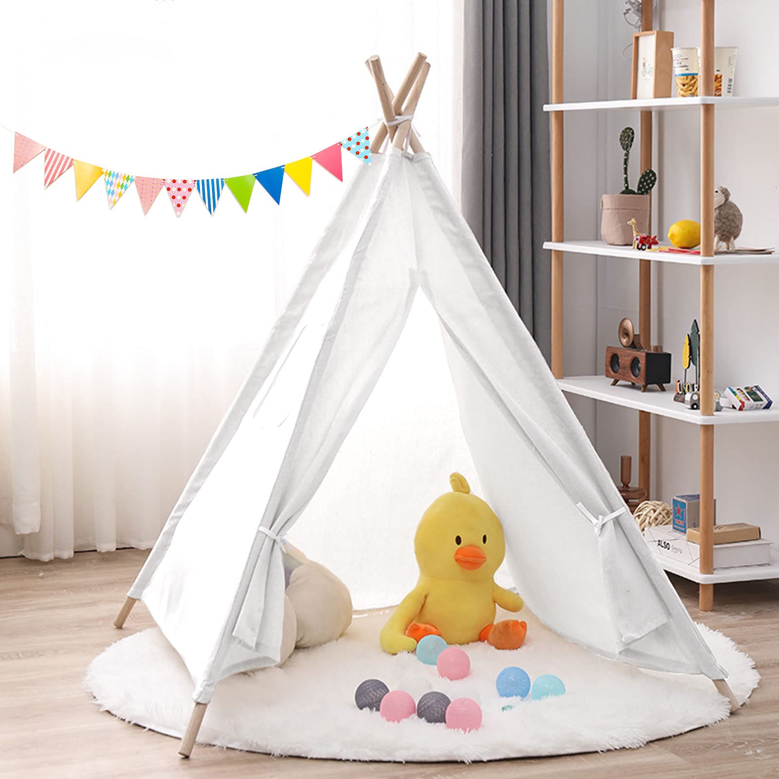Kids Teepee Tent, Foldable Children Play Tents for Girl Boy, Natural Cotton Canvas Toddler Tent, Washable Canvas Kids Playhouse Toys for 3,4,5,6 Year Old Child Indoor Outdoor