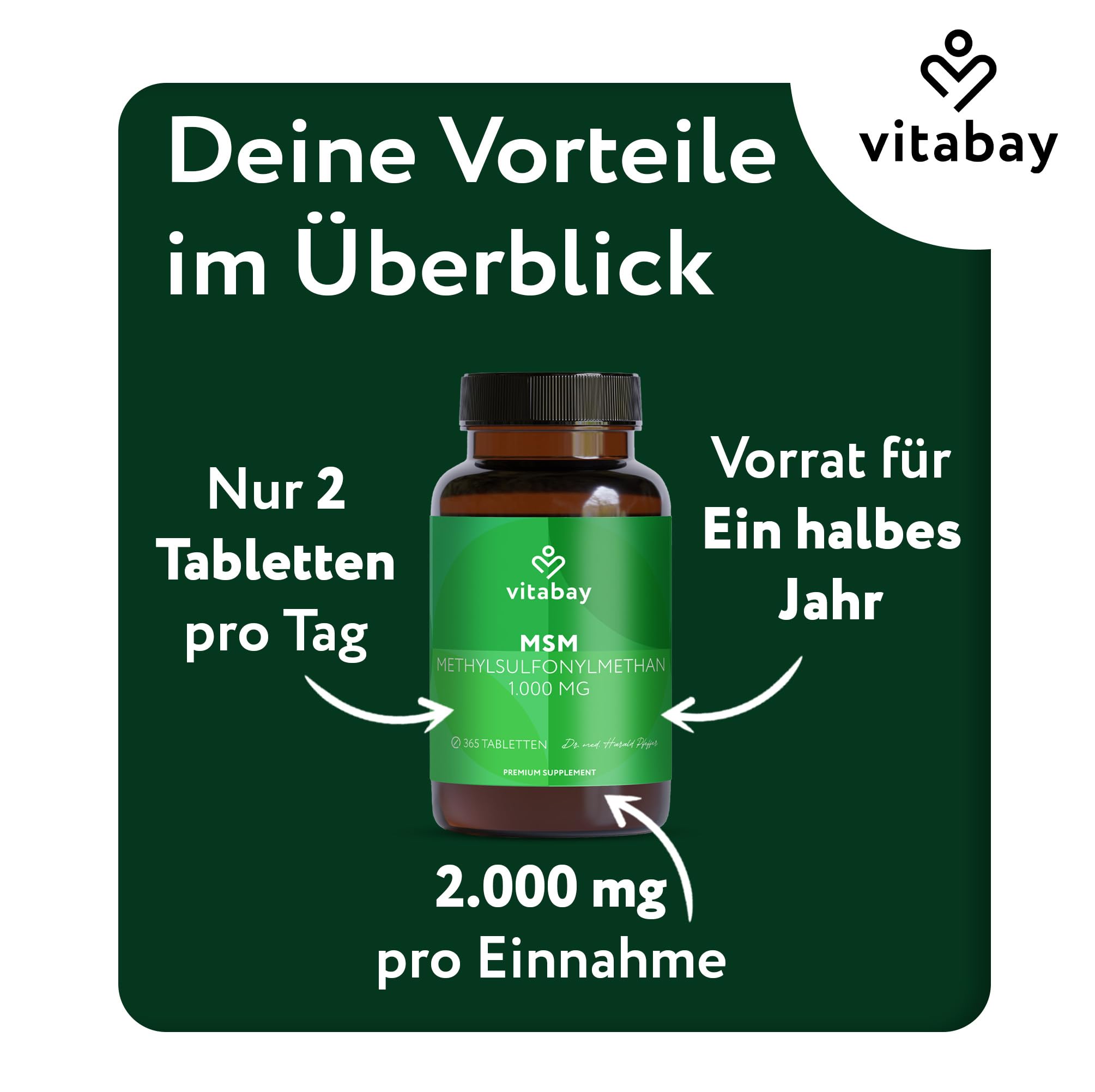 Vitabay MSM Tabletten Hochdosiert - 365 MSM Tabletten Hochdosiert Vegan - Pulver 2000 pro Tagesdosis - Schwefel Gelenkskapseln - Pflanzliche Kapseln 2000