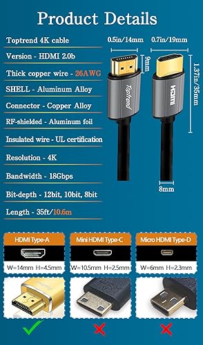 Miniatura 6 de Toptrend Cable HDMI 4K de 35 pies, clasificación CL3 de 18Gpbs de alta velocidad HDMI 2.0 soporta 1080p, 3D, 2160p, 4K 60Hz UHD, HDR, cable HDMI