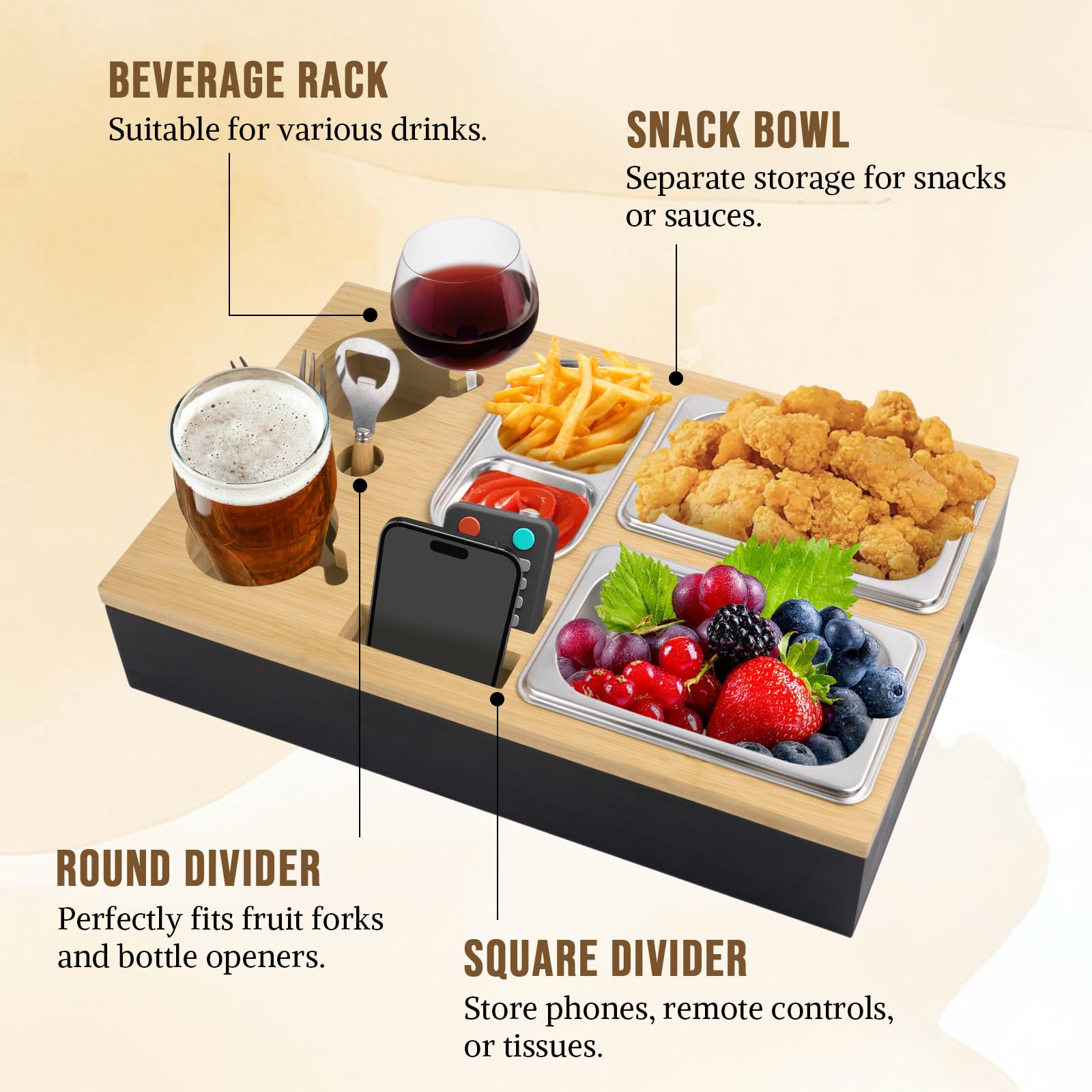 Canapé Bar avec Boîte Cadeau, Plateau de Canapé avec Boîte à Goûter, Fourchette à Fruits et Ouvre-Bouteille, Plateau de Service à Vin, Boîte à Collations Couchbar pour Le Salon, la Fête