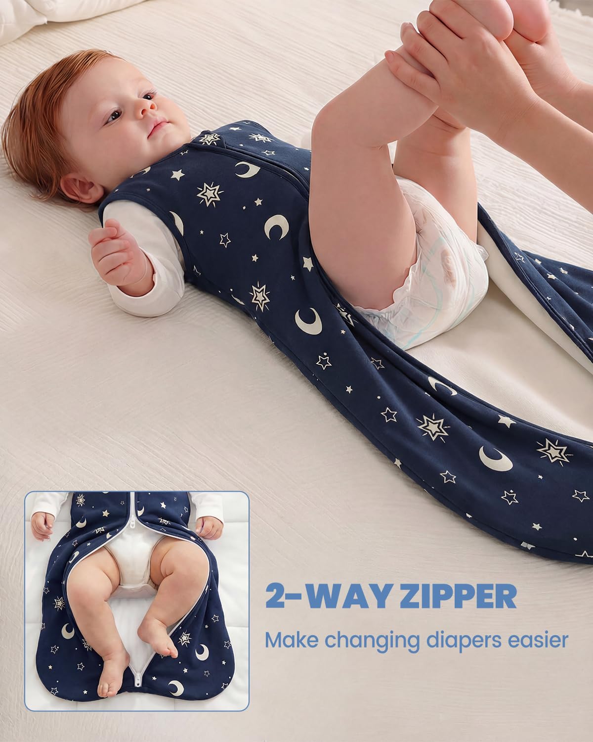 WYTbaby Baby Sleeping Bag, 1.5 Tog Cotton Sleep Sack, Baby Wearable Blanket for Newborn & Infant Navy Star 0-6 Months - Image 4