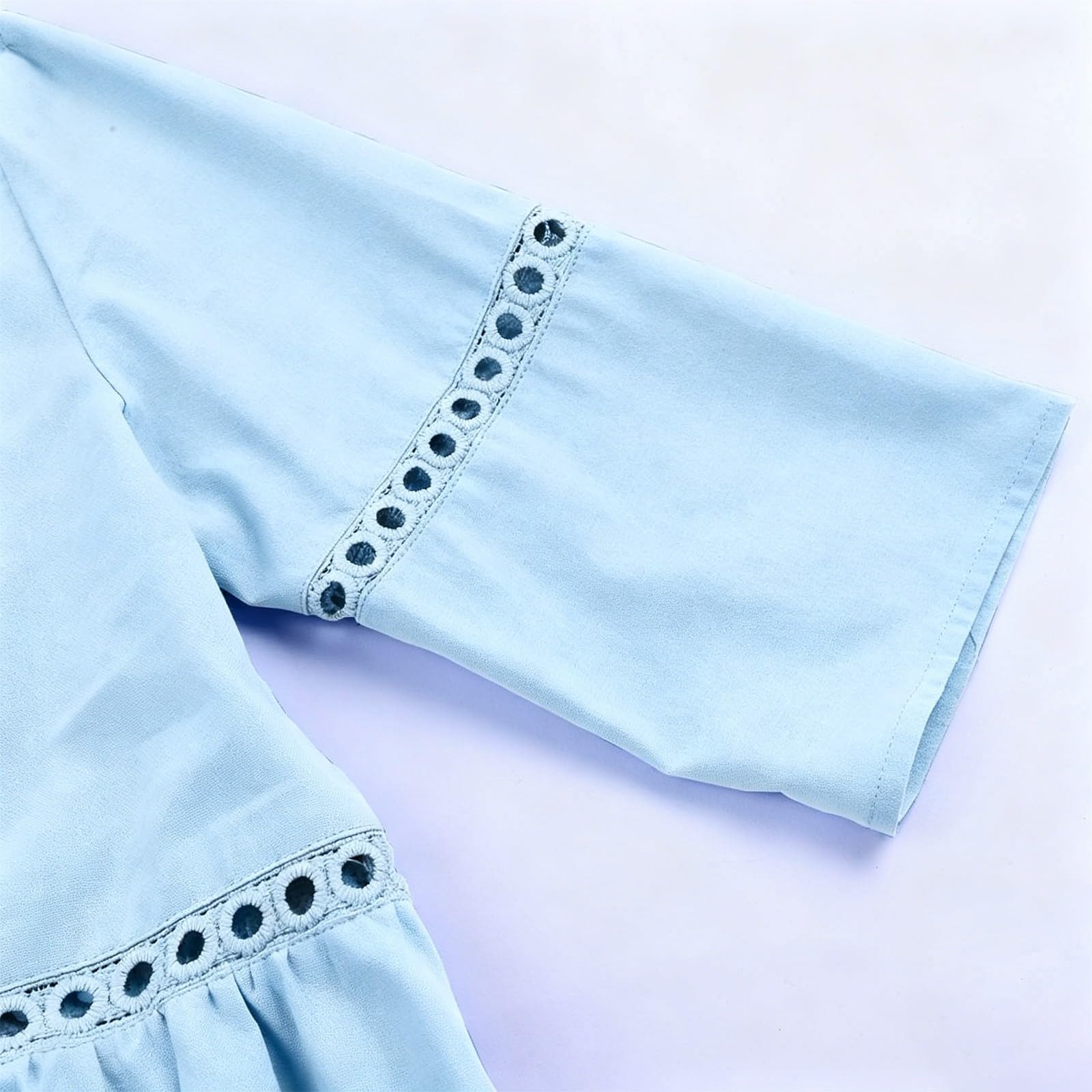 Generisch Sommerkleid Damen Lang,3/4 Ärmel Lochstickerei Musselin Locker Boho Kleid Sommer Strandkleid Elegant Baumwolle Leinenkleid V Ausschnitt Mode Maxikleid Leicht und Luftig Freizeitkleid
