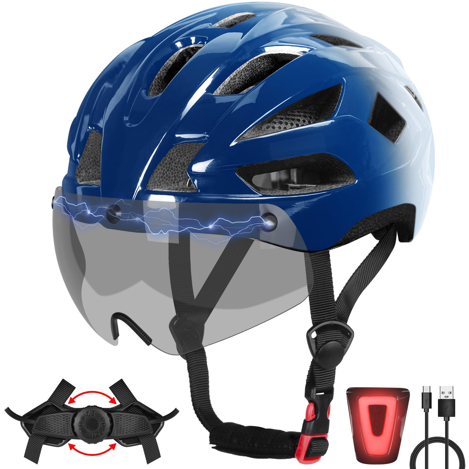 Bike Helmet Adult for Men, Lightweight Ebike Helmet with LED Light & Magnetic Goggles, USB Charging Cable Included, Cycling Helmet for Adult with Adjustable Dial Fit 22.8"- 24.4 "