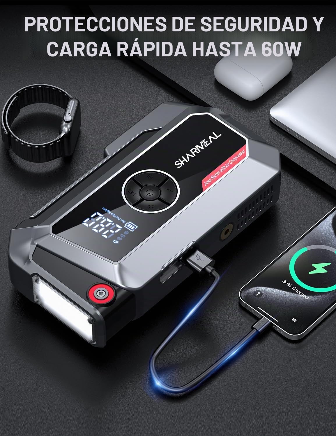 SHARMEAL 10000A Arrancador de Baterias de Coche con Compresor, 250PSI Inflador de Neumáticos, 12V, Arrancador de Coches para Vehículo (Todo Gasolina o 12L Diésel), Pantalla LCD, Luz de Emergencia