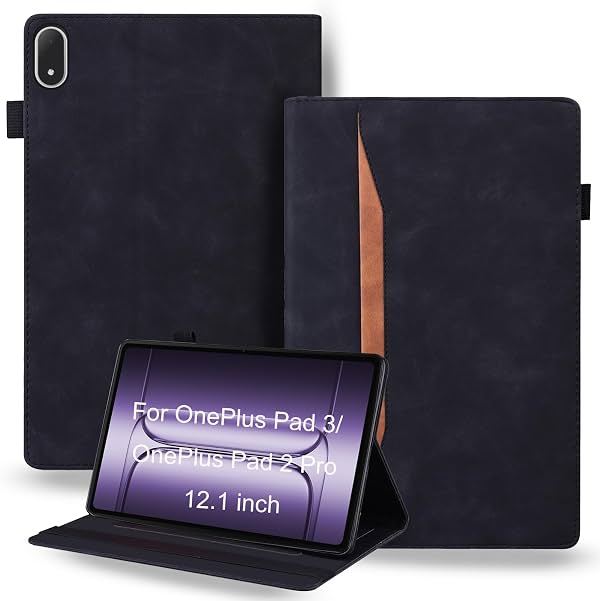 Funda para OnePlus Pad 3 de 13.2" modelo 2025, cubierta de cuero PU retro | con soporte | resistente a golpes | antiarañazos | carcasa de TPU suave | ranuras para tarjetas | correa antideslizante | recortes precisos (Negro)