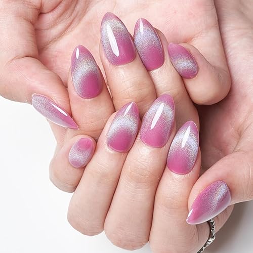 GLAMERMAID Uñas postizas cortas a presión, color almendra, rosa arcoíris, rosa, primavera y verano, hechas a mano, pegamento de gel, 24 piezas,