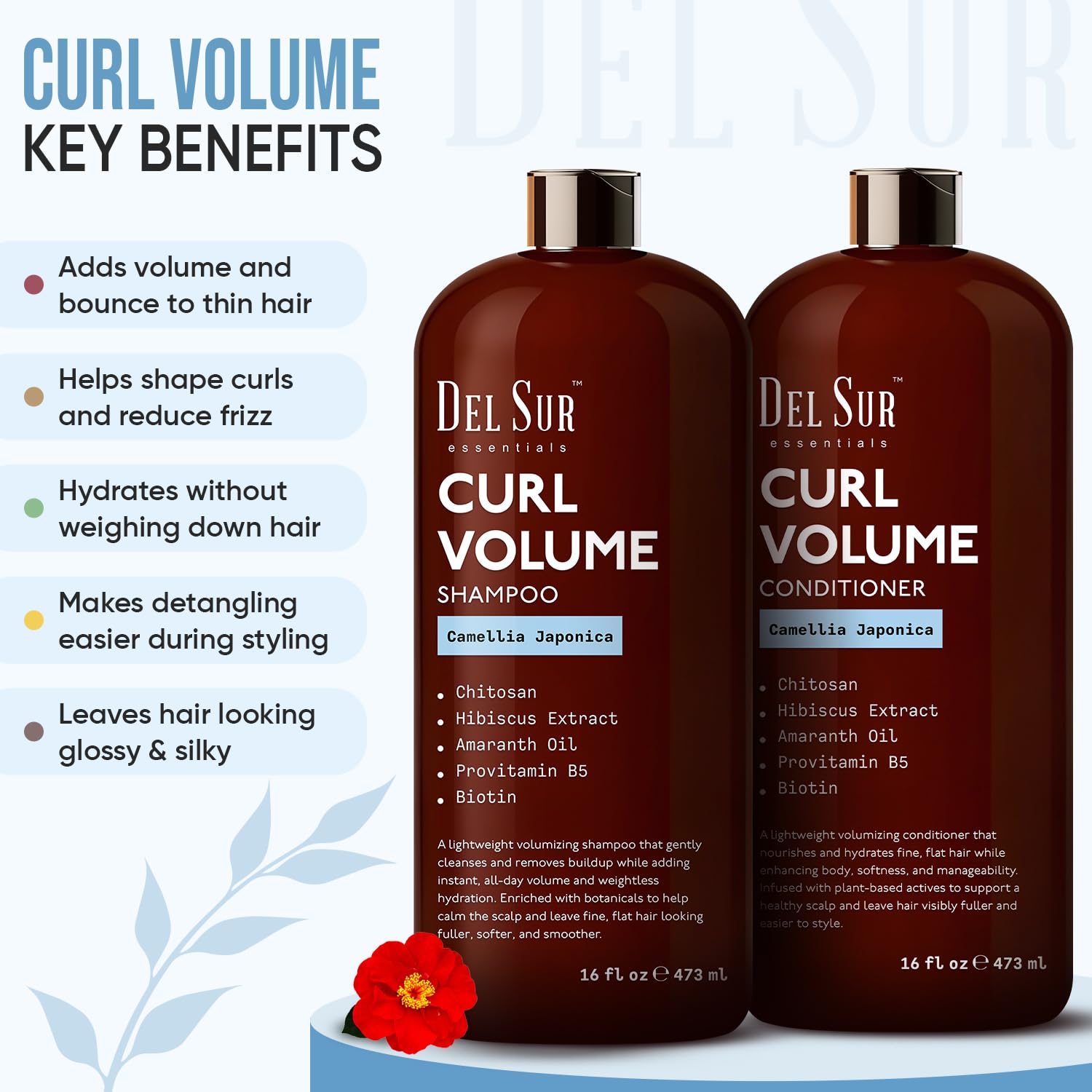 DEL SUR Curly Hair Shampoo and Conditioner Set | 16 fl oz Each | with Camellia Japonica, Hibiscus & Amaranth Oil | Curl Defining, Volume & Hydration for Curly & Wavy Hair - Image 2