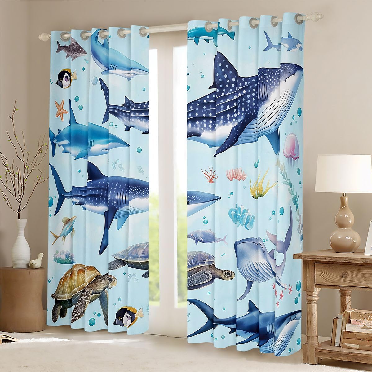 Homemissing Tende oscuranti oceano con squalo per camera da letto soggiorno decorazione vita marina oceano tonalità termoisolanti mare mondo sottomarino trattamenti per finestre, 2 pannelli larghezza