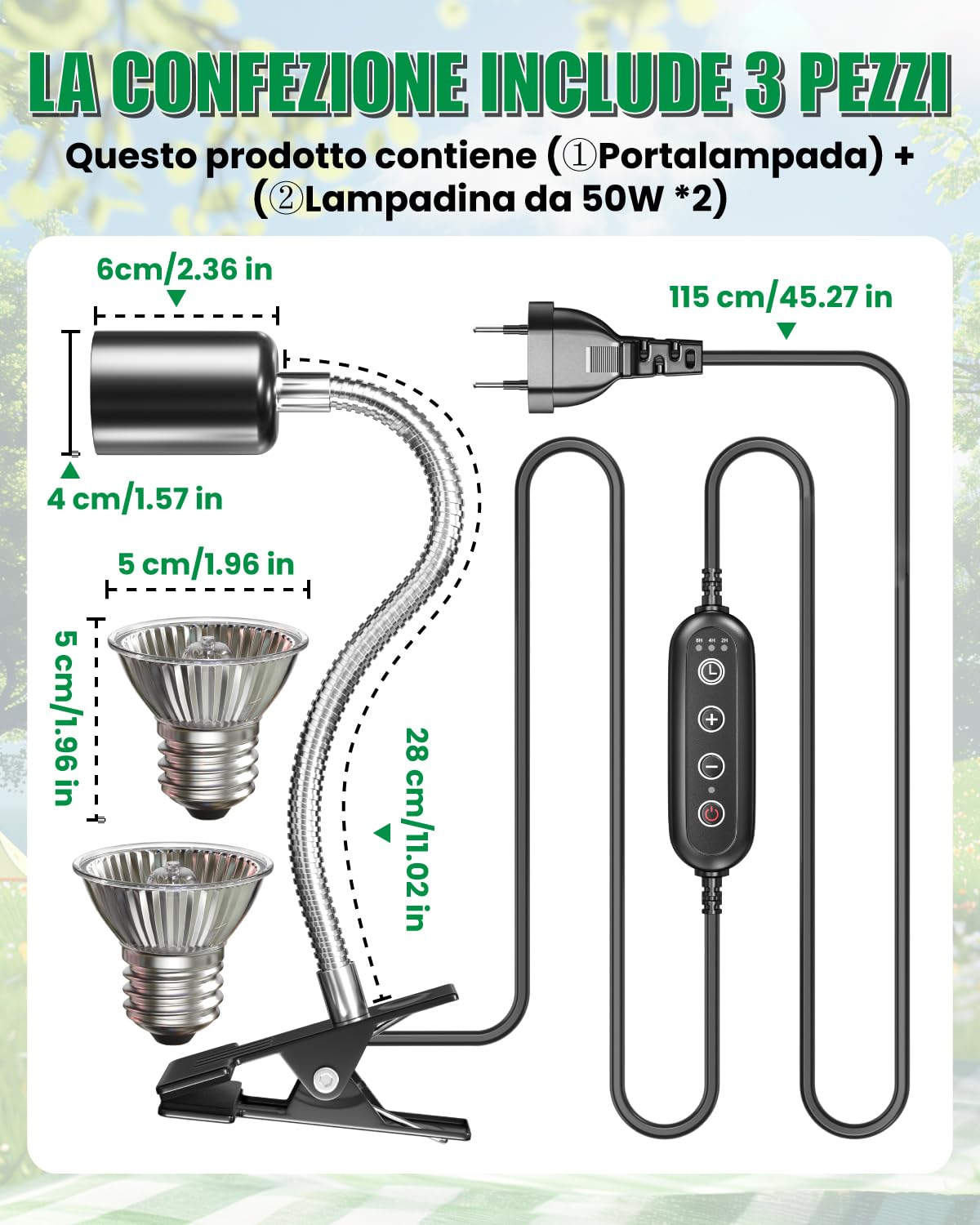 GlowUp Lampada di Calore per Rettili con Timer Ciclico, Luce Calda per Tartarughe con Clip, Lampada per Basking Rotante a 360° per Rettili, Lucertola, Tartaruga, Serpente, Include 2 Lampadine E27