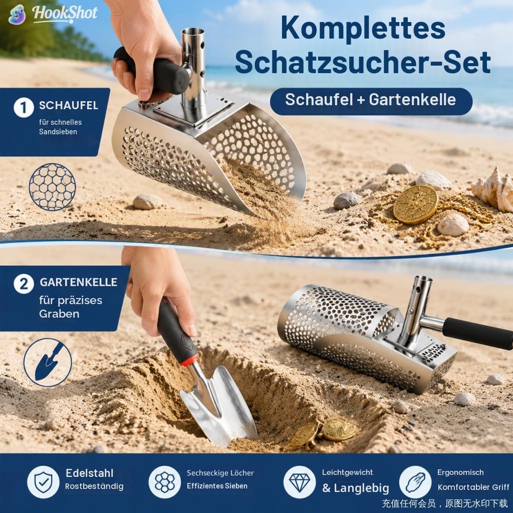 Edelstahl-Strand-Sandschaufel, 55 Zoll Langer Griff abnehmbare Metalldetektor-Schaufel für Sand Sichtung und Schatzsuche, kommt mit Einer kleinen Sandschaufel