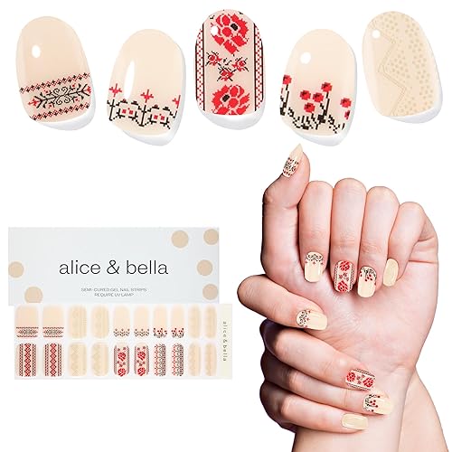 Alice & Bella Kvitka - Tiras de uñas de gel semicuradas - Base blanca lechosa roja y negra cosida a mano, calcomanías de arte popular UV para