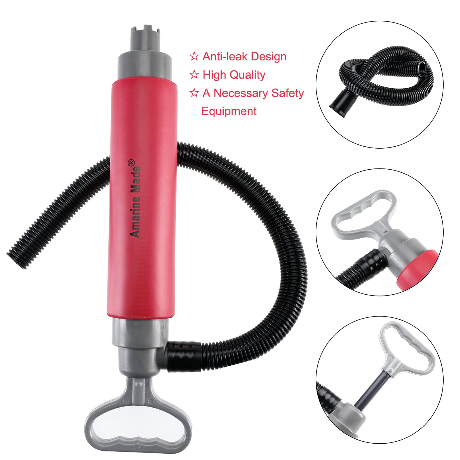 Amarine Made Bilge Pump,Red Bilge Pump for Kayaks,Canoes and Boats,Manual Kayak Hand Water Pumps Portable Sump Pump,Must Have Emergency Equipment for Kayakers (with hose)