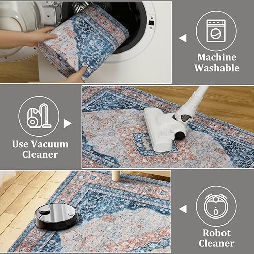 Miniatura 4 de GlowSol Alfombra vintage de 2 x 3, estilo oriental, envejecida, pequeña, delgada, de felpilla, plegable, antideslizante, para baño, cocina,